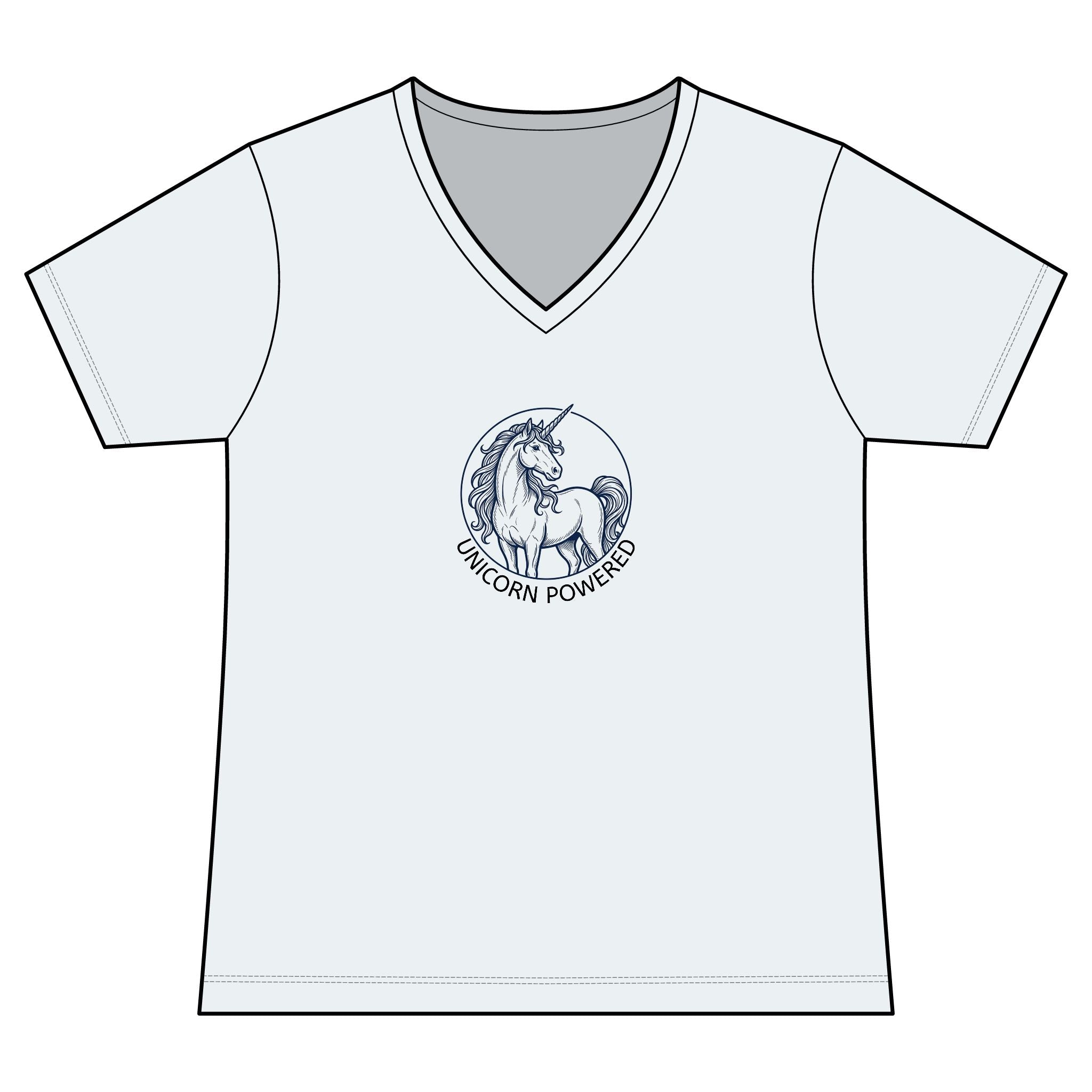 Unicorn Powered V-Neck Tee — Women's Fantasy Graphic Shirt